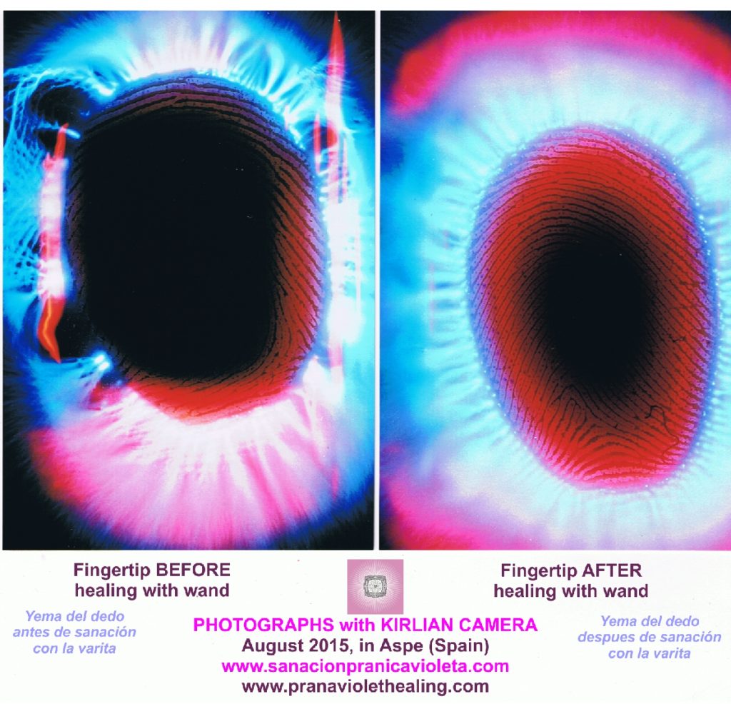 foto con camara kirlian de la yema dedo pulgar antes y despues de sanación con sanacion pranica violeta